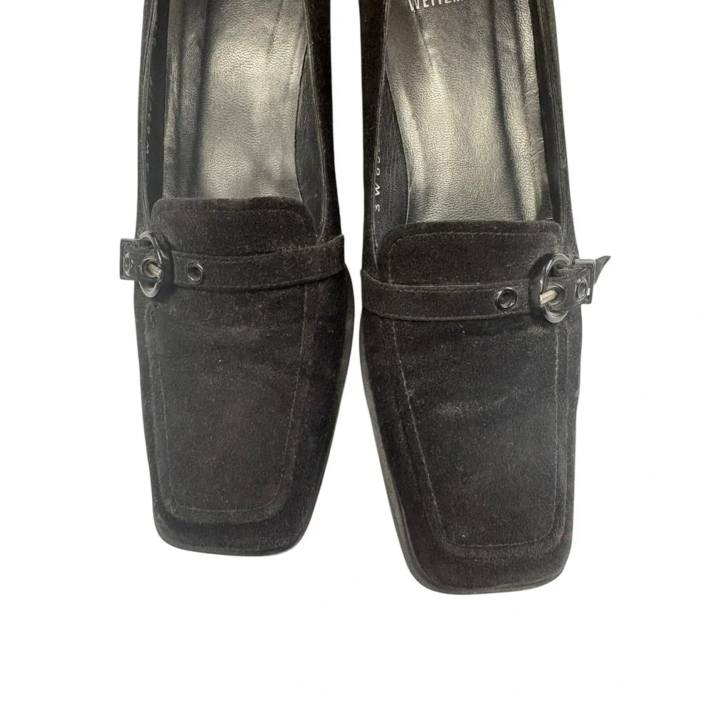Stuart Weitzman Women's Black Suede Leather Square Toe Heeled Loafers Retro 5.5